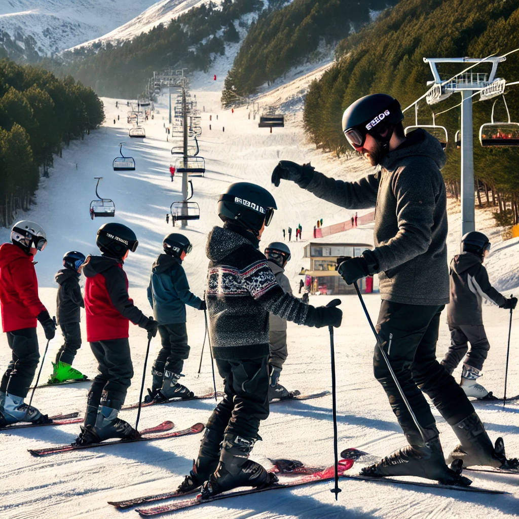 A family with children skiing together on a gentle slope in Grandvalira, wearing colorful ski outfits and helmets