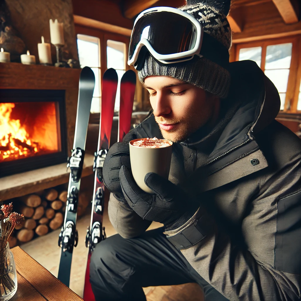 A skier enjoying a cup of hot chocolate by a fireplace at a ski lodge after a long skiing session.