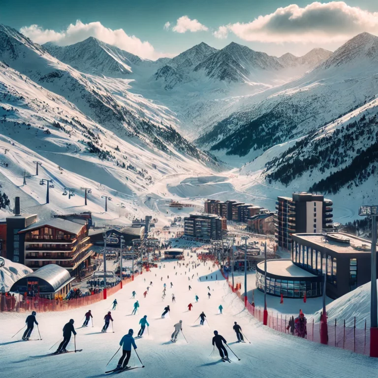 A wide shot of Andorra's picturesque ski slopes, featuring several skiers gliding down the snow-covered slopes. The background showcases majestic.