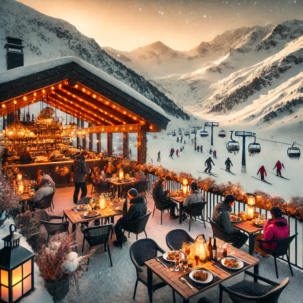 A picturesque après-ski dining scene in Andorra with snow-covered mountains in the background. 