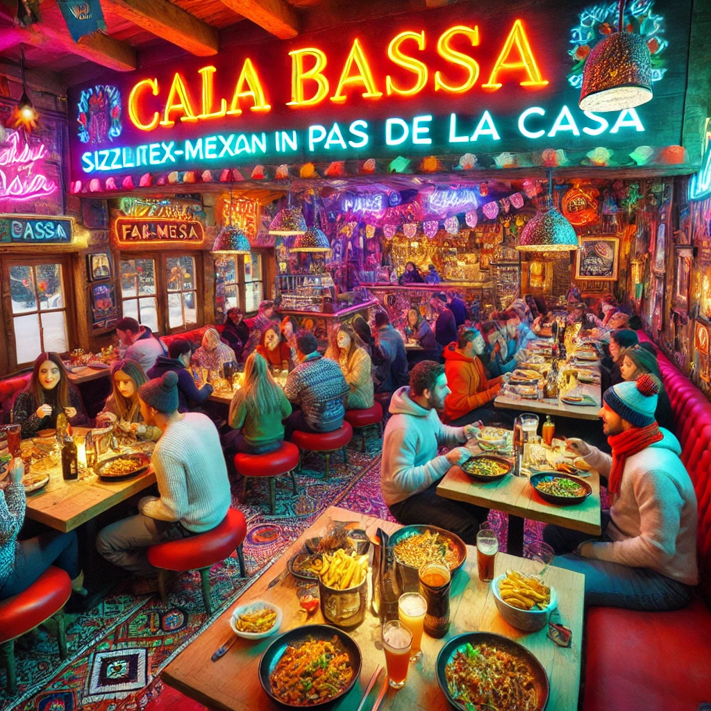 A vibrant Tex-Mex restaurant in Pas de la Casa. Show colorful décor with patrons enjoying lively après-ski dining, featuring fajitas and tacos on the tables. There should be upbeat music playing in the background, and a lively crowd of skiers relaxing after their day on the slopes.