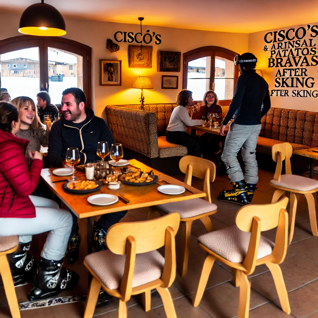 A cozy, rustic restaurant in Arinsal. Small groups of friends are gathered around wooden tables, enjoying tapas like patatas bravas and chorizo. The lighting is soft, and the atmosphere is intimate and warm, with ski equipment leaning near the entrance.
