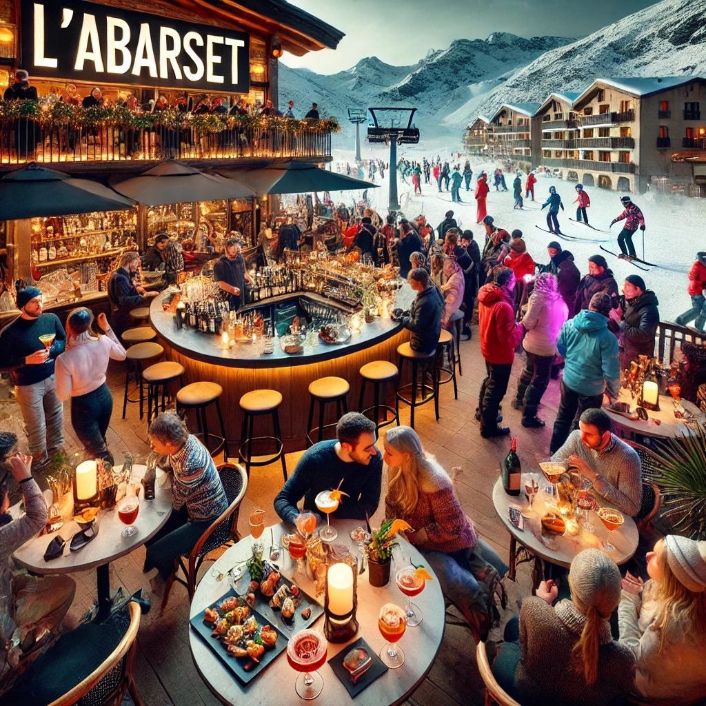 A lively après-ski nightlife scene at L'Abarset, with skiers mingling and enjoying cocktails in a modern setting. The restaurant’s large terrace is filled with people enjoying music and dancing, with snow-capped mountains illuminated by night lights in the background.