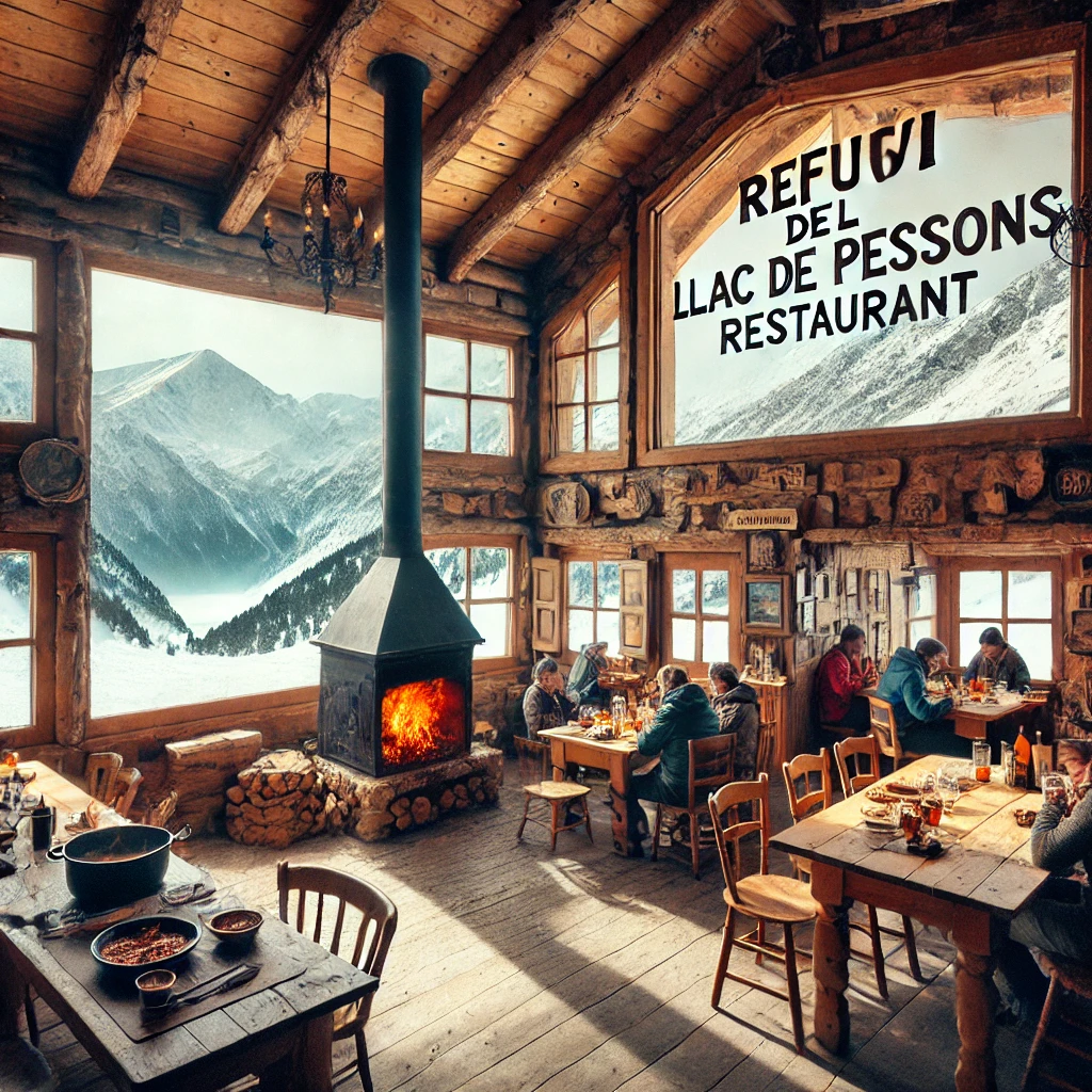A rustic mountain lodge in Grau Roig with large windows overlooking the snow-capped Pyrenees. Inside, people are enjoying hearty stews and grilled meats by a fireplace, with wooden decor that gives a cozy and inviting feel. 