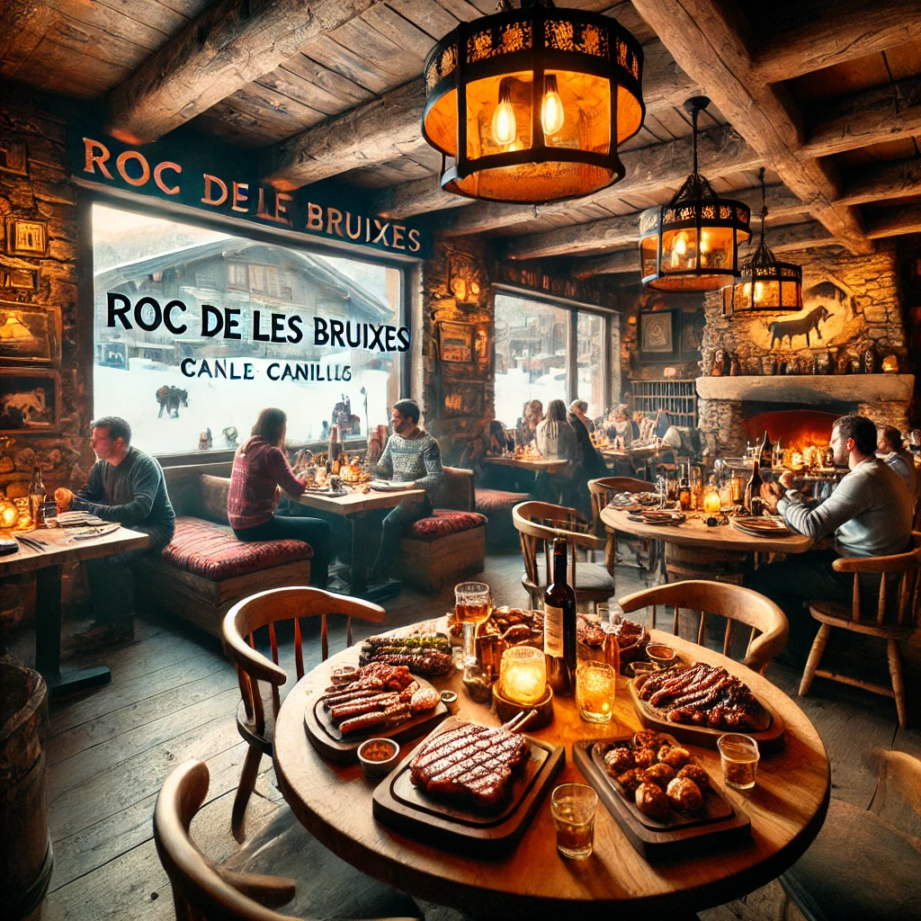 A charming, rustic restaurant in Canillo, with grilled meats served on wooden platters. The decor features warm lighting and earthy tones, and the proximity to the slopes is evident with snowy trees visible outside large windows. Inside, patrons are enjoying hearty meals in a relaxed setting.