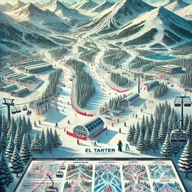 An overview of El Tarter Ski Resort in Andorra, featuring snow-covered mountains and a detailed ski map showing color-coded trails for beginner, intermediate, and advanced skiers.