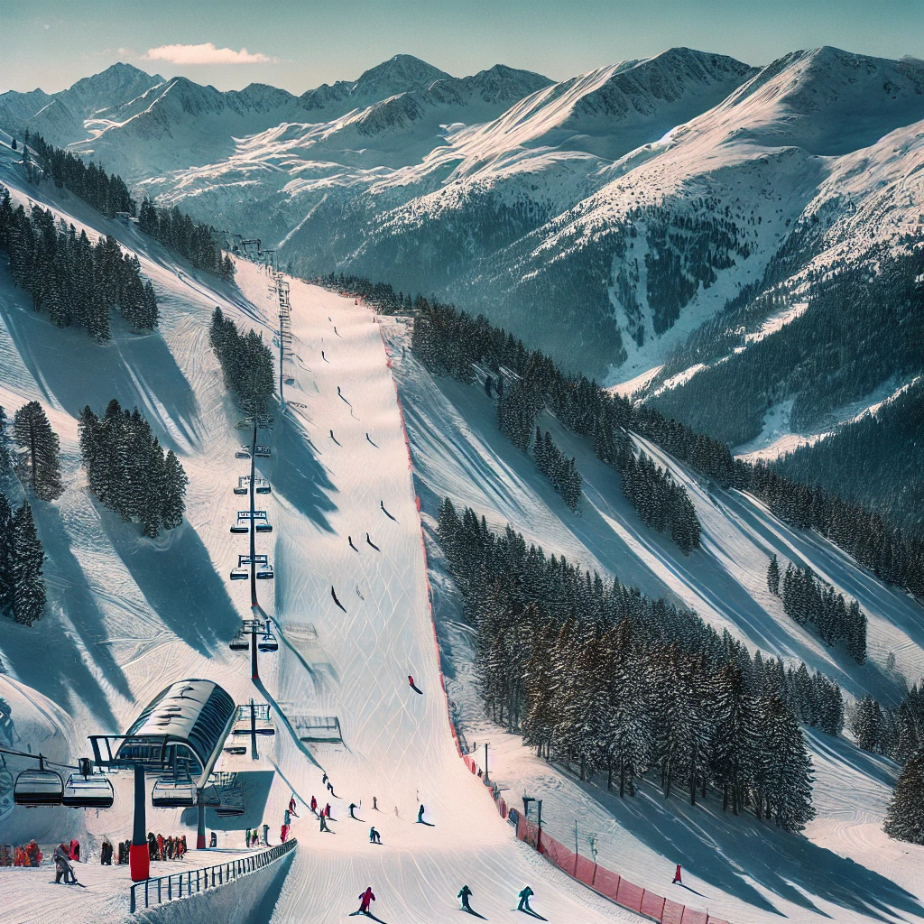 Are You Guaranteed Snow in Andorra? 5 A panoramic view of a north-facing ski slope in Andorra, featuring well-groomed snow and high-altitude mountain peaks under a bright, sunny sky.