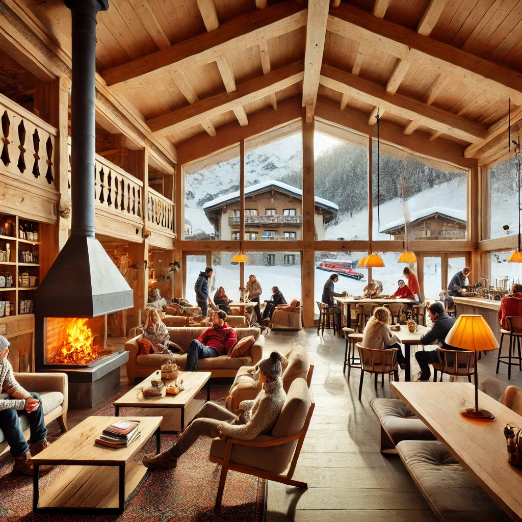 Chalet Hotel Peretol: Ski In, Ski Out in Soldeu and Grau Roig 9 The cozy communal lounge area inside Chalet Hotel Peretol in Andorra, featuring a warm fireplace, comfortable seating, and wooden decor. Guests relax after a day on the slopes, enjoying hot drinks with views of the snow-covered mountains through large windows.