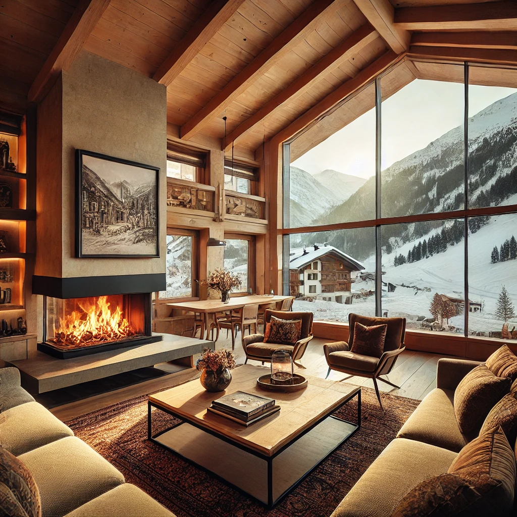Ski Chalet Andorra - El Tarter: Breathtaking views in the heart of Andorra 9 A scenic winter view of El Tarter, Andorra, with snow-covered rooftops, the surrounding Pyrenees mountains, and ski lifts leading to the Grandvalira slopes under clear blue skies.