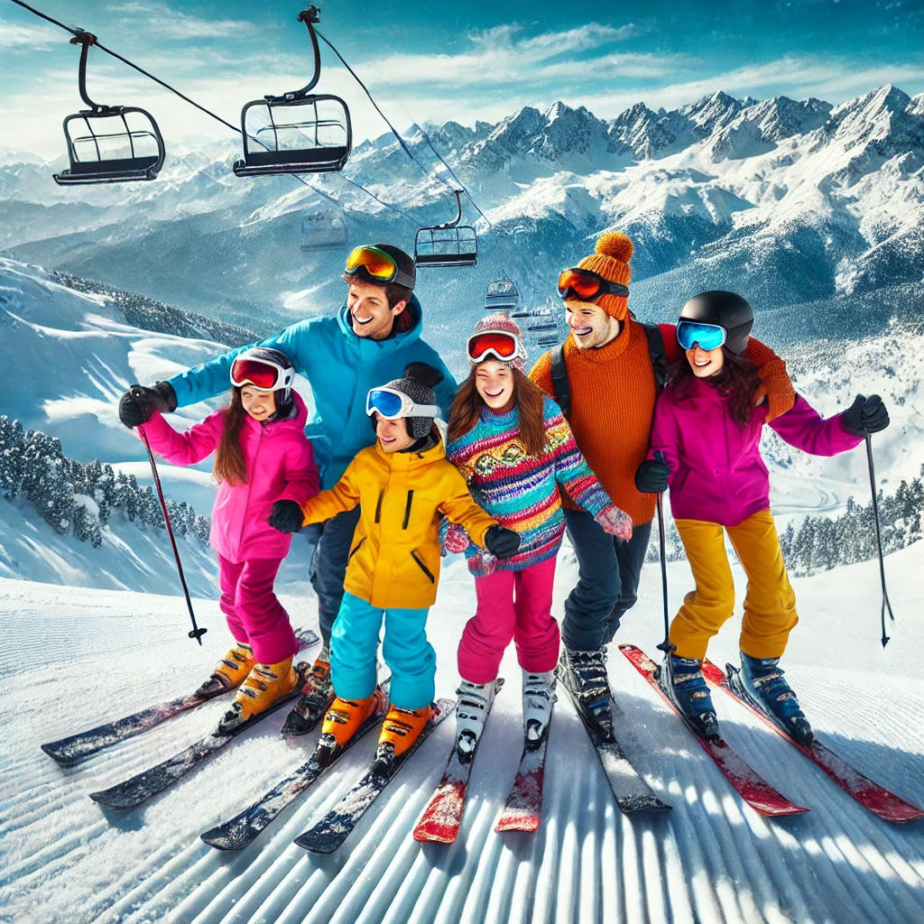 Ski Chalet Andorra - El Tarter: Breathtaking views in the heart of Andorra 11 A family skiing together on the Grandvalira slopes near El Tarter, Andorra, with bright blue skies and snow-capped Pyrenees mountains in the background.