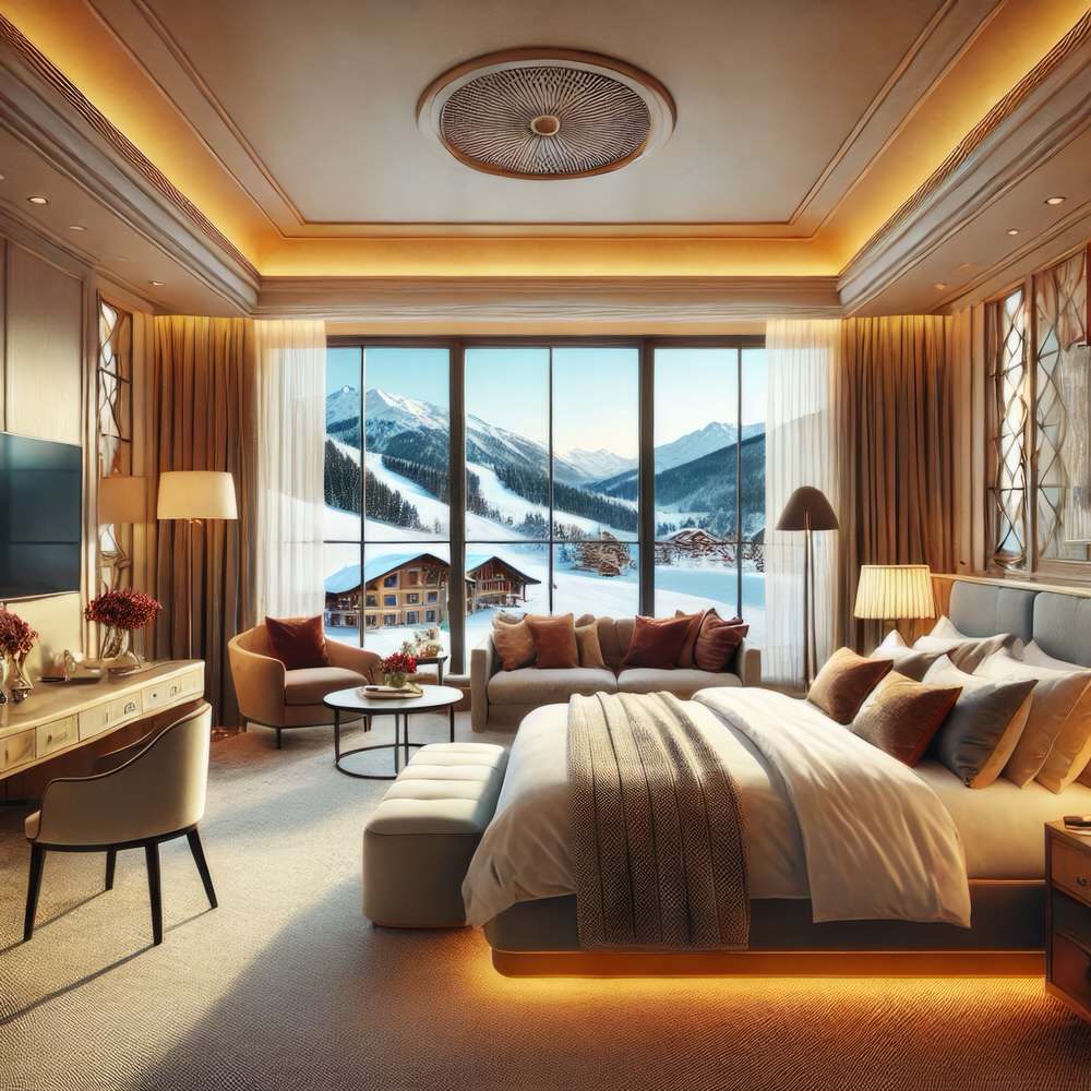 Grand Plaza Hotel Andorra 13 Spacious deluxe room at Grand Plaza Hotel Andorra with modern decor, large bed, and stunning mountain views.