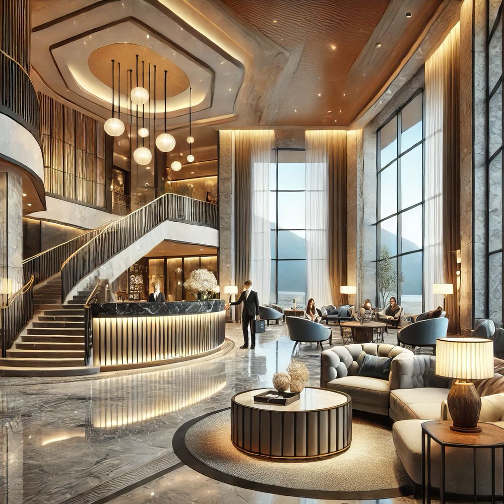 Grand Plaza Hotel Andorra 10 Luxurious hotel lobby at Grand Plaza Hotel Andorra with modern decor, marble floors, and mountain views.