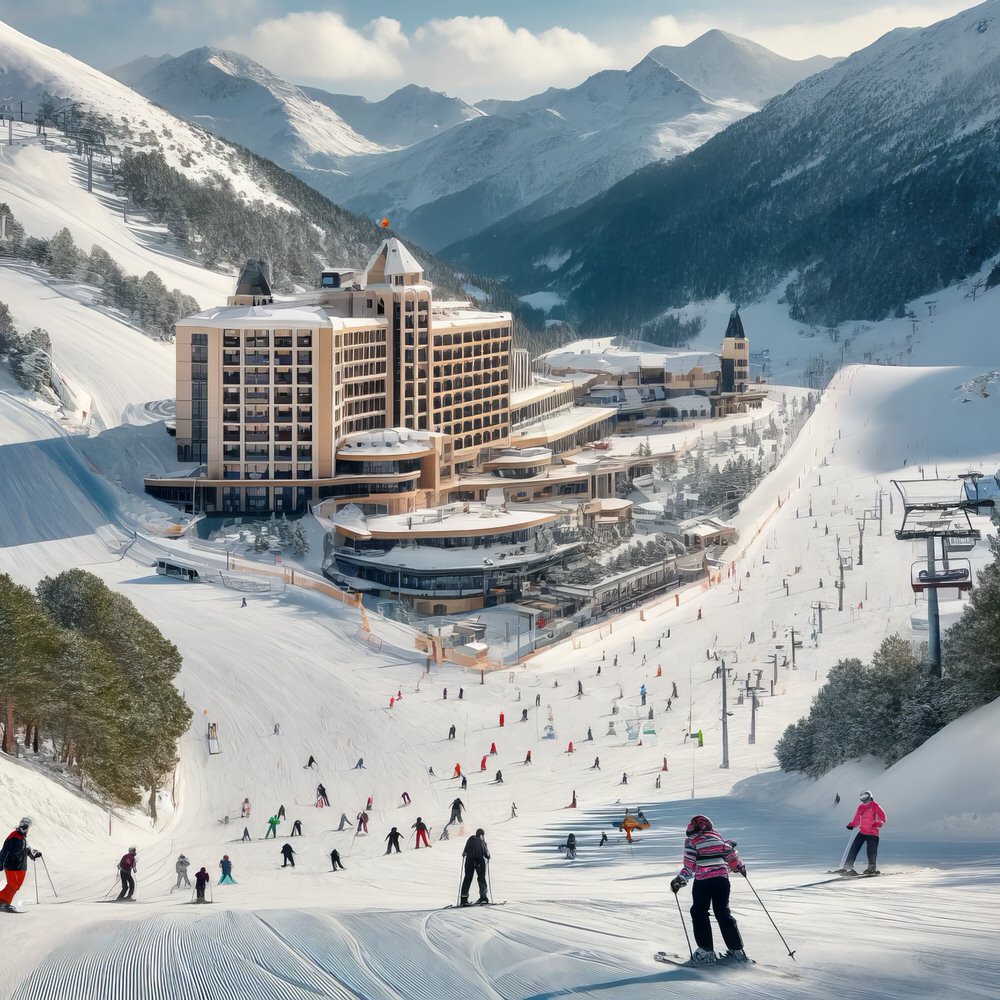 Grand Plaza Hotel Andorra 14 Ski slopes near Grand Plaza Hotel Andorra with skiers enjoying the pistes on a bright, snowy day.