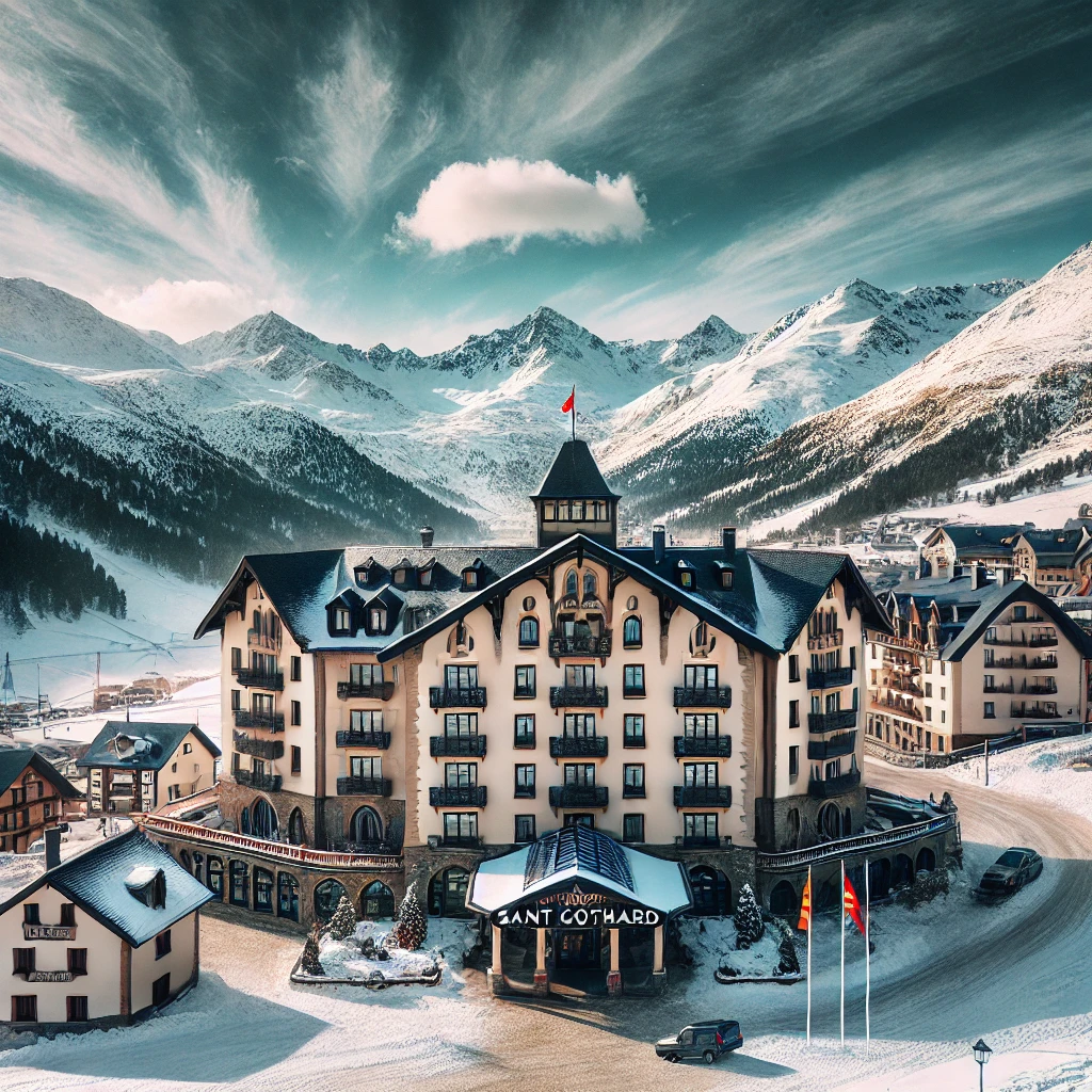 Hotel Sant Gothard exterior view in winter with snow-covered landscape and mountain backdrop.