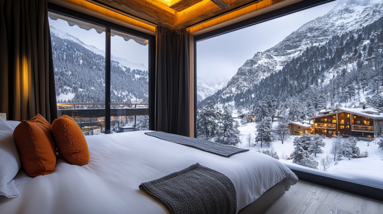 A luxurious ski resort room with a panoramic view of snow-covered mountains and a cozy village nestled in the Andorran Alps. The room features a plush bed with orange accent pillows and modern wooden decor, with large windows offering a breathtaking winter landscape.