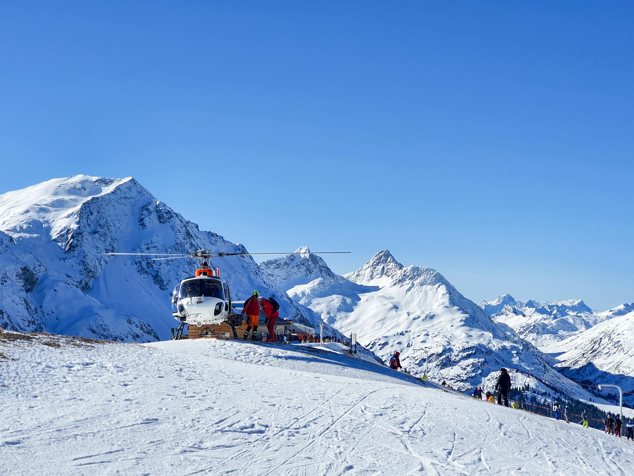 rescue helicopter in winter on the mountain