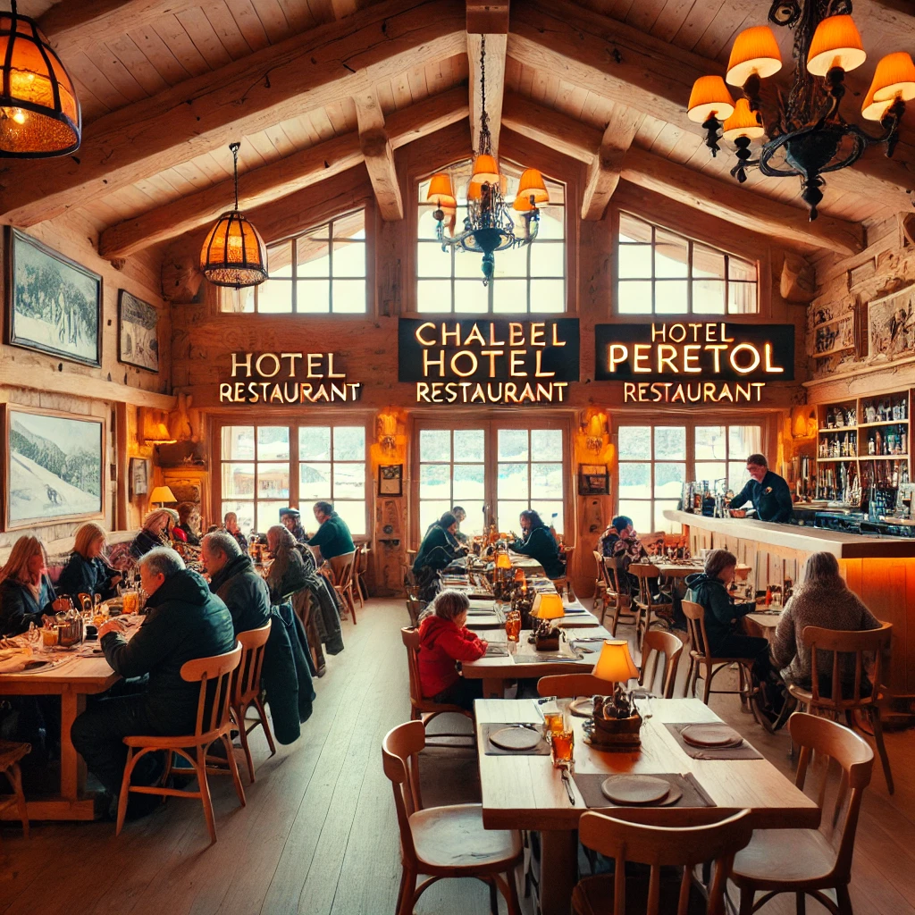 Chalet Hotel Peretol: Ski In, Ski Out in Soldeu and Grau Roig 8 The restaurant at Chalet Hotel Peretol in Andorra, featuring warm wooden decor and cozy lighting. Families and groups enjoy local and international cuisine, with snow-covered mountains visible through the large windows, creating a charming alpine atmosphere.