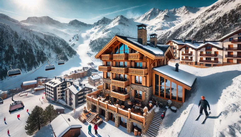 A wide-angle view of Ski Chalet Andorra - El Tarter, surrounded by snow-capped mountains in the village of El Tarter, Andorra, with stunning views of the Grandvalira slopes. Skiers are seen on the slopes, and a ski lift ascends the mountains under a clear blue sky, capturing the beauty of a winter getaway in the Pyrenees.