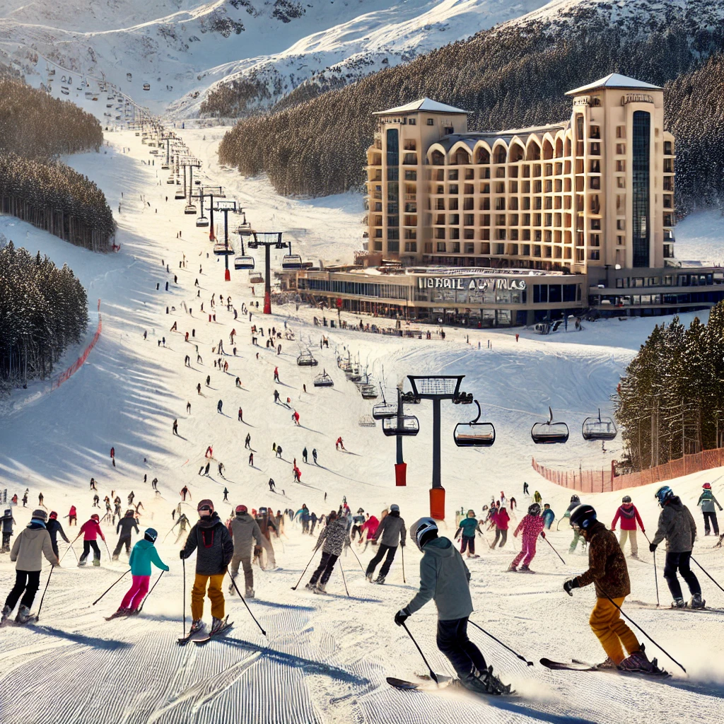 Skiers of all levels on the slopes near the Grandvalira ski area in Andorra, with Hôtel Austria by Pierre & Vacances Residence visible in the distance. Snow-covered trees and ski lifts complete the vibrant winter landscape under clear skies.