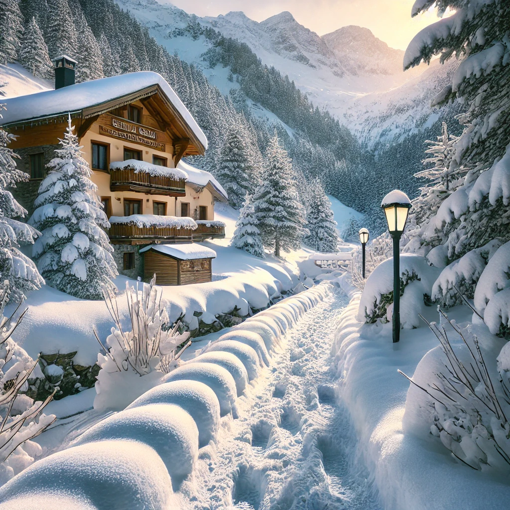 Chalet Hotel Peretol: Ski In, Ski Out in Soldeu and Grau Roig 7 A snow-covered trail near Chalet Hotel Peretol in Andorra, winding through snowy trees and mountains. Footprints are visible in the snow, and the serene winter landscape is bathed in soft sunlight, creating an inviting atmosphere for winter walks or snowshoeing.
