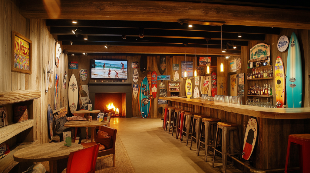 The cozy and vibrant interior of Kamikaze Surf Bar in Pas de la Casa, decorated with surf-themed memorabilia and warm wooden decor.