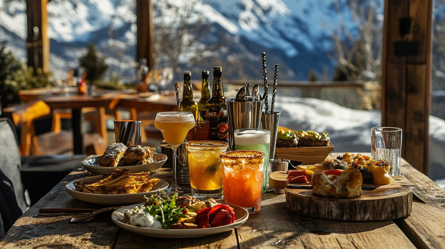 A beautifully presented selection of signature cocktails and hearty dishes at Kamikaze Surf Bar in Pas de la Casa, with a snowy mountain view in the background.